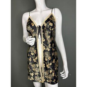 VTG Victoria's Secret Y2K Large Black Gold Floral Lace Trim Babydoll Tie-Front